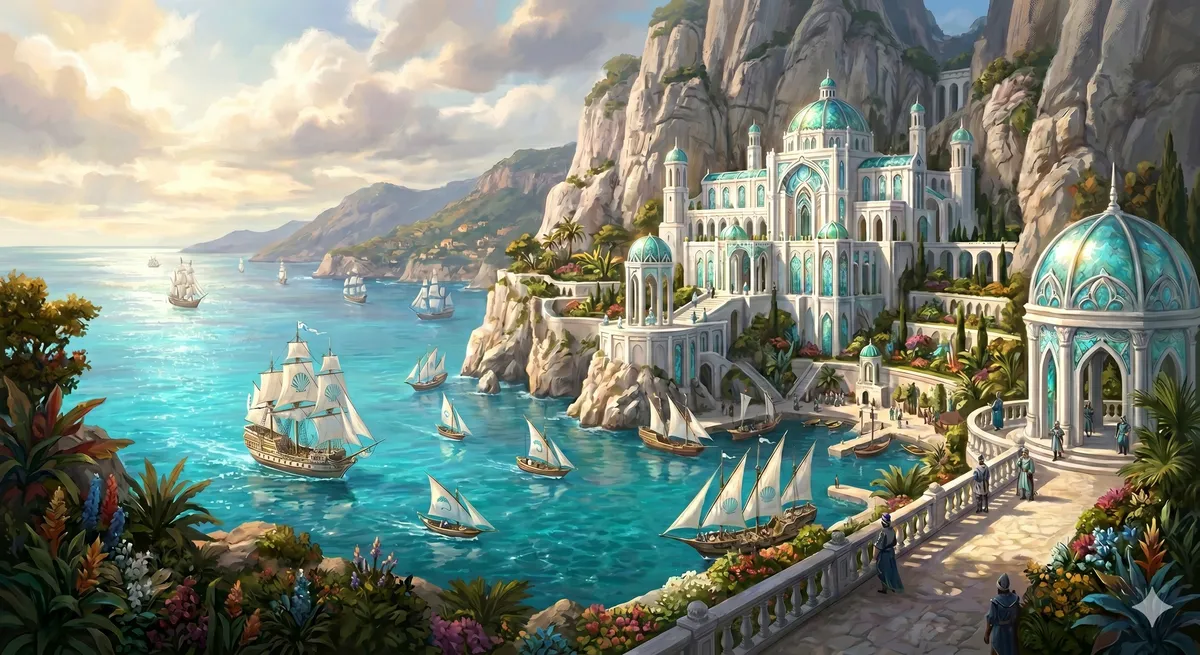 A brilliant white and sea-glass palace built into a coastal cliff, overlooking turquoise waters dotted with naval ships.